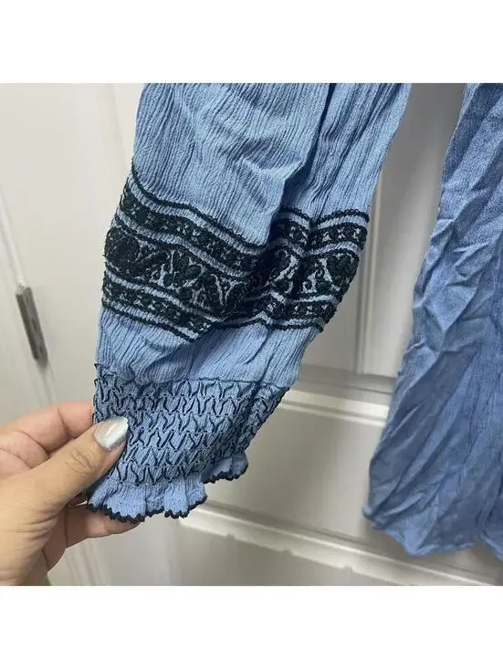 Free People Wind Willow Boho Embroidered Tie Neck Tunic Dress - Picture 6 of 6